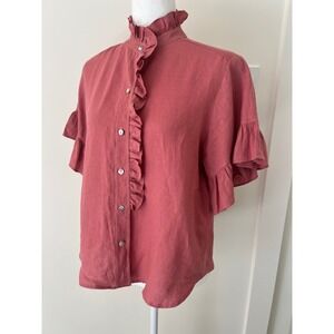 Fifteen Twenty Linen Blouse Ruffle High Neck Pink Flutter Sleeve XS Revolve